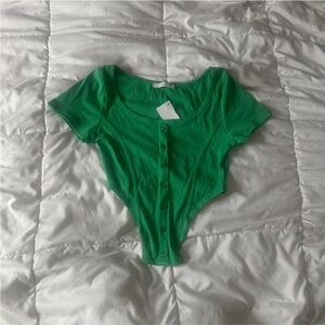 Timing Green Ribbed Button-Up Crop Top